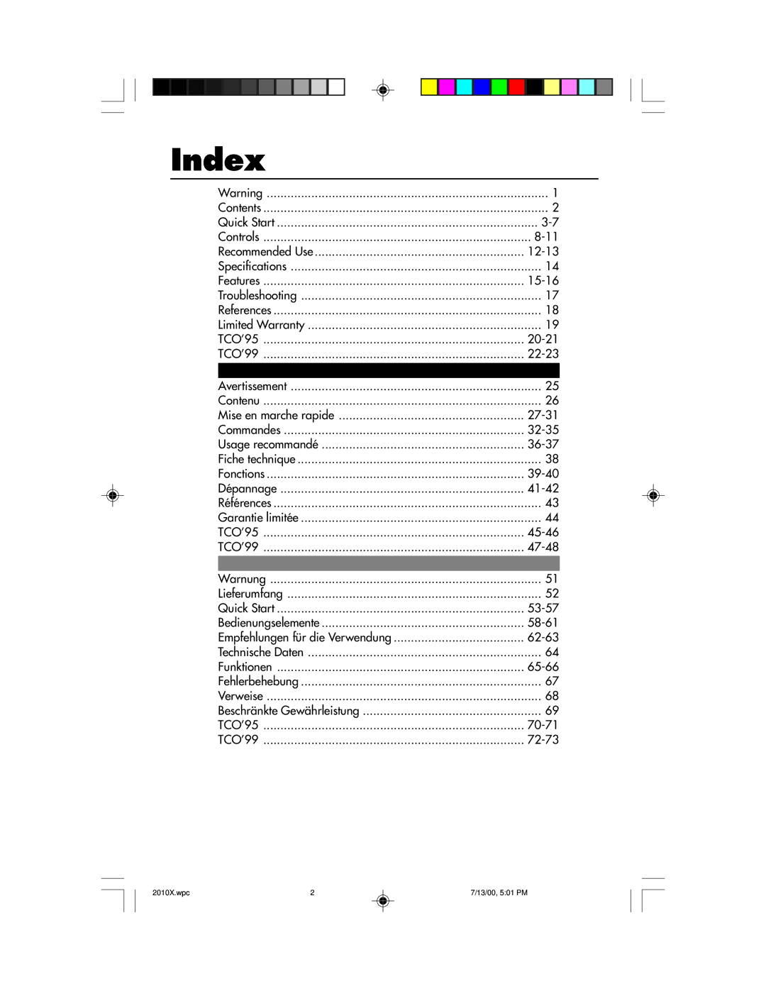 NEC LCD2010X manual Index 