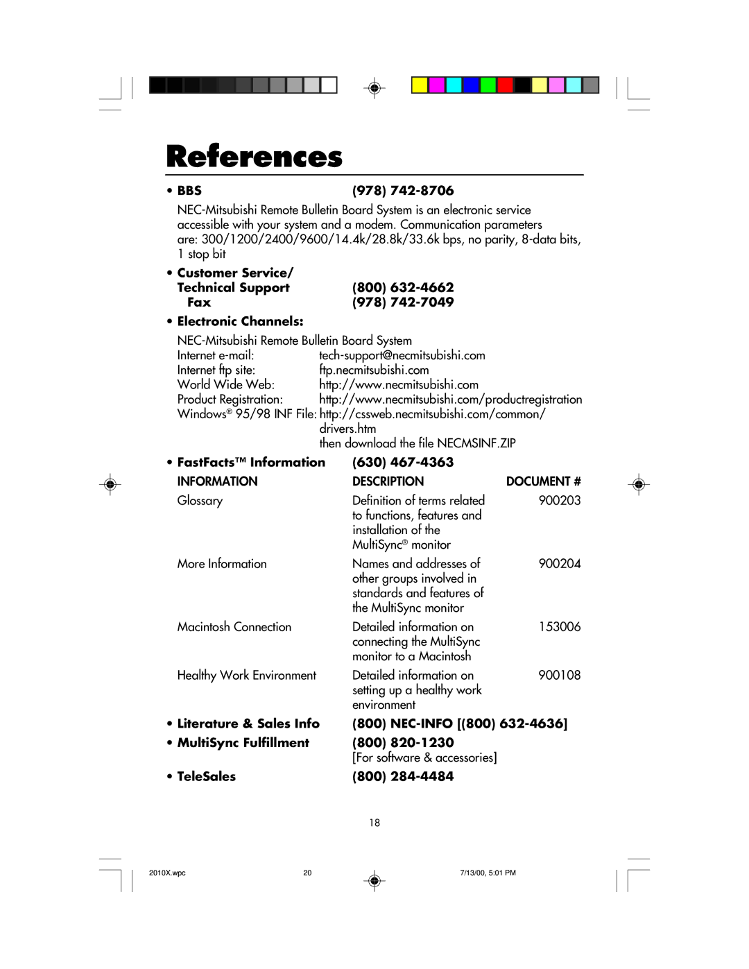 NEC LCD2010X manual References, 978, FastFacts Information 630, Literature & Sales Info NEC-INFO 800 MultiSync Fulfillment 