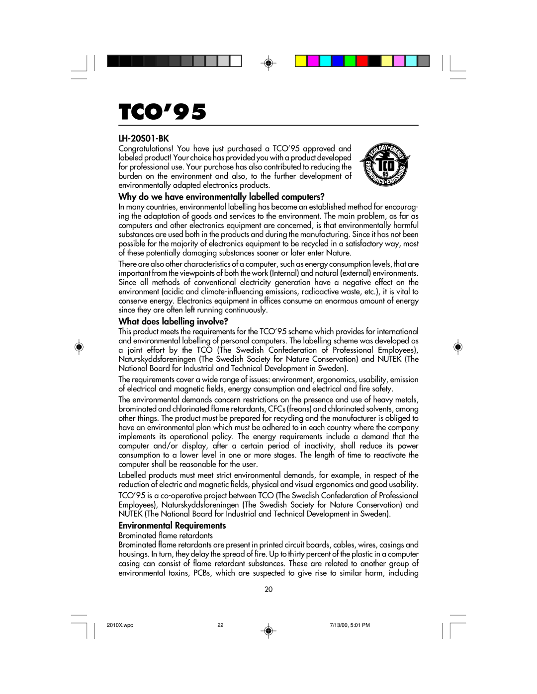 NEC LCD2010X manual TCO’95, Brominated flame retardants 