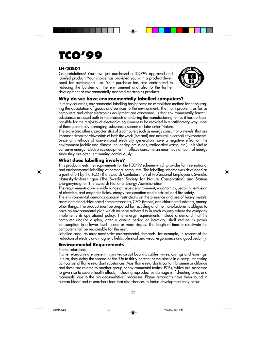 NEC LCD2010X manual TCO’99, LH-20S01, Why do we have environmentally labelled computers?, What does labelling involve? 