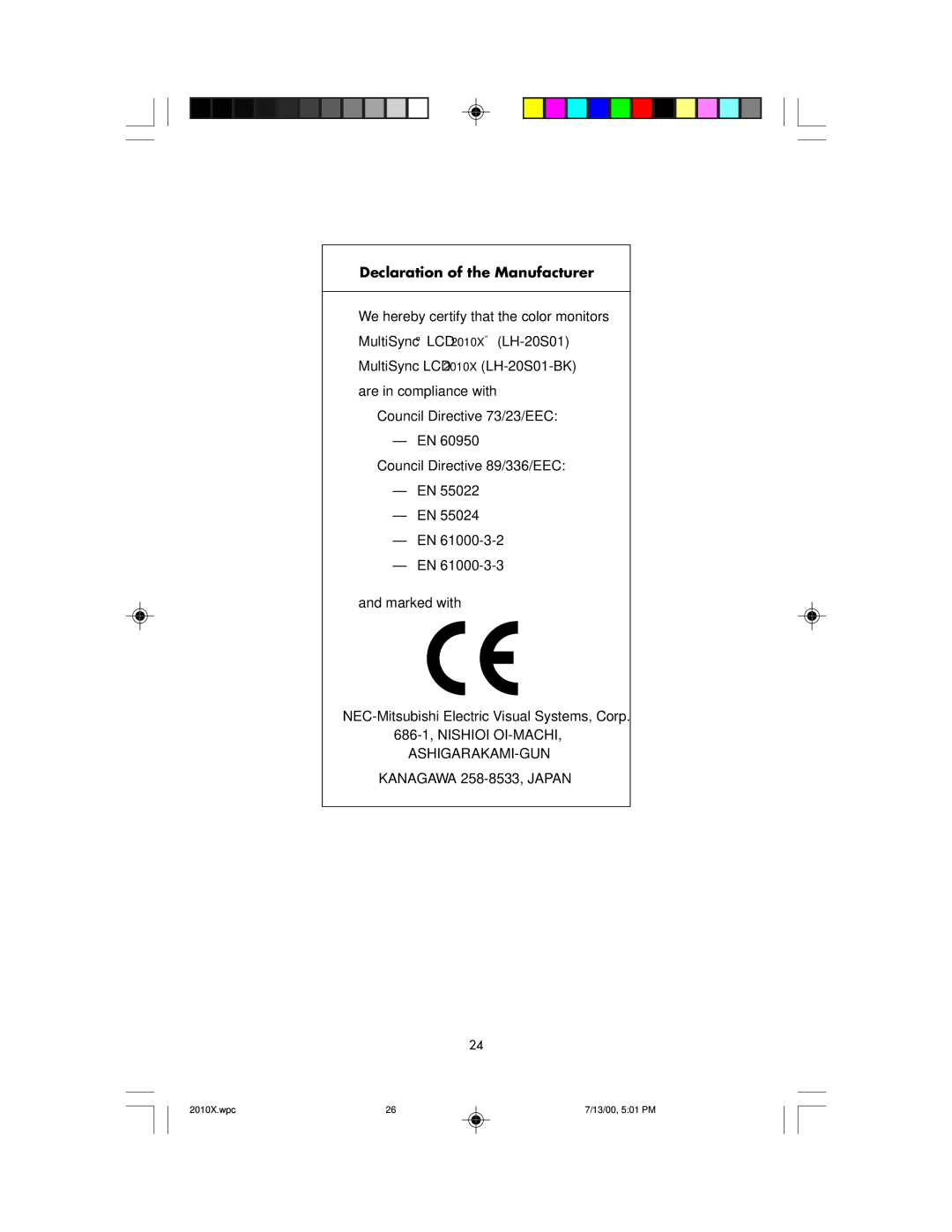 NEC LCD2010X manual Declaration of the Manufacturer 