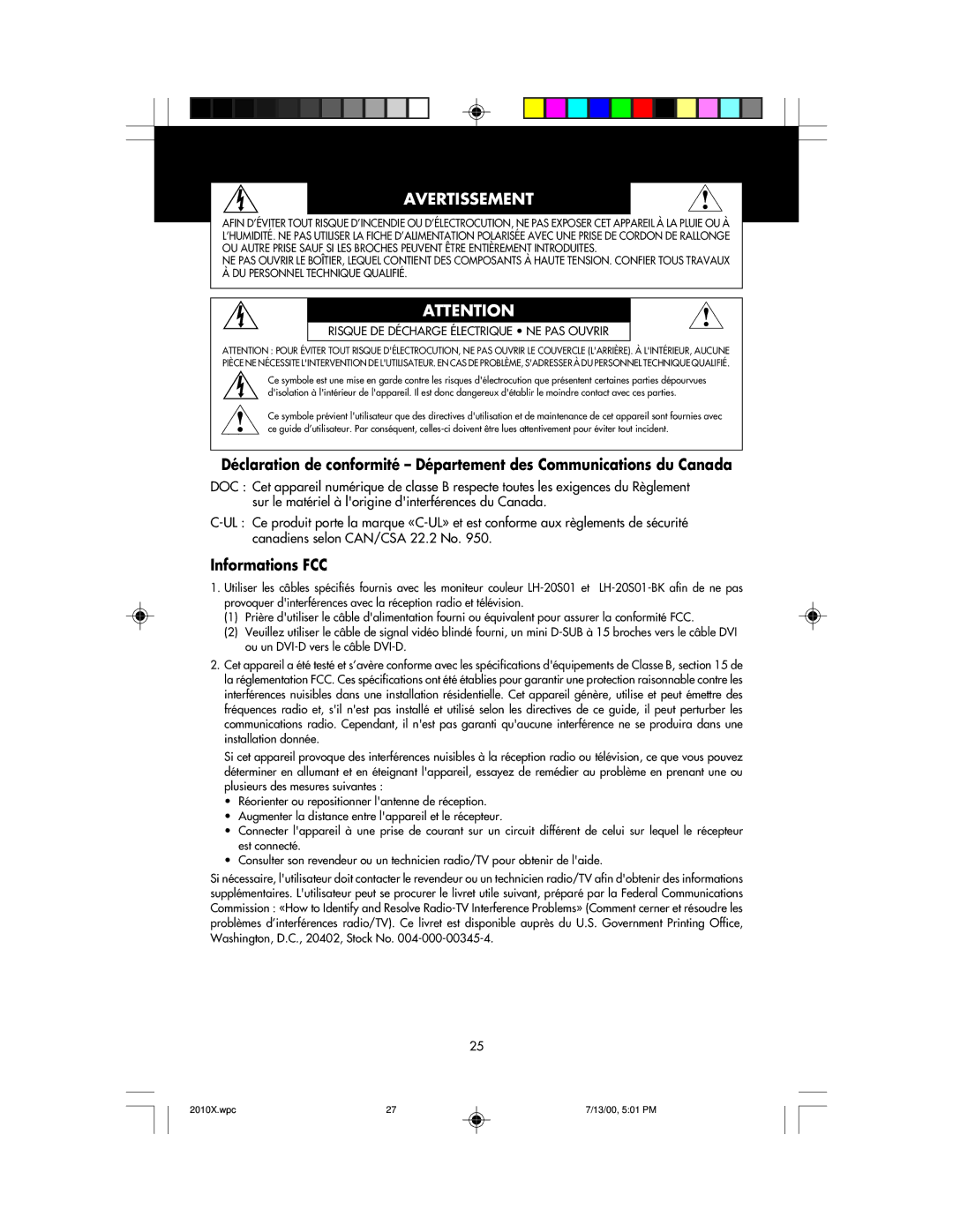 NEC LCD2010X manual Avertissement, Informations FCC 