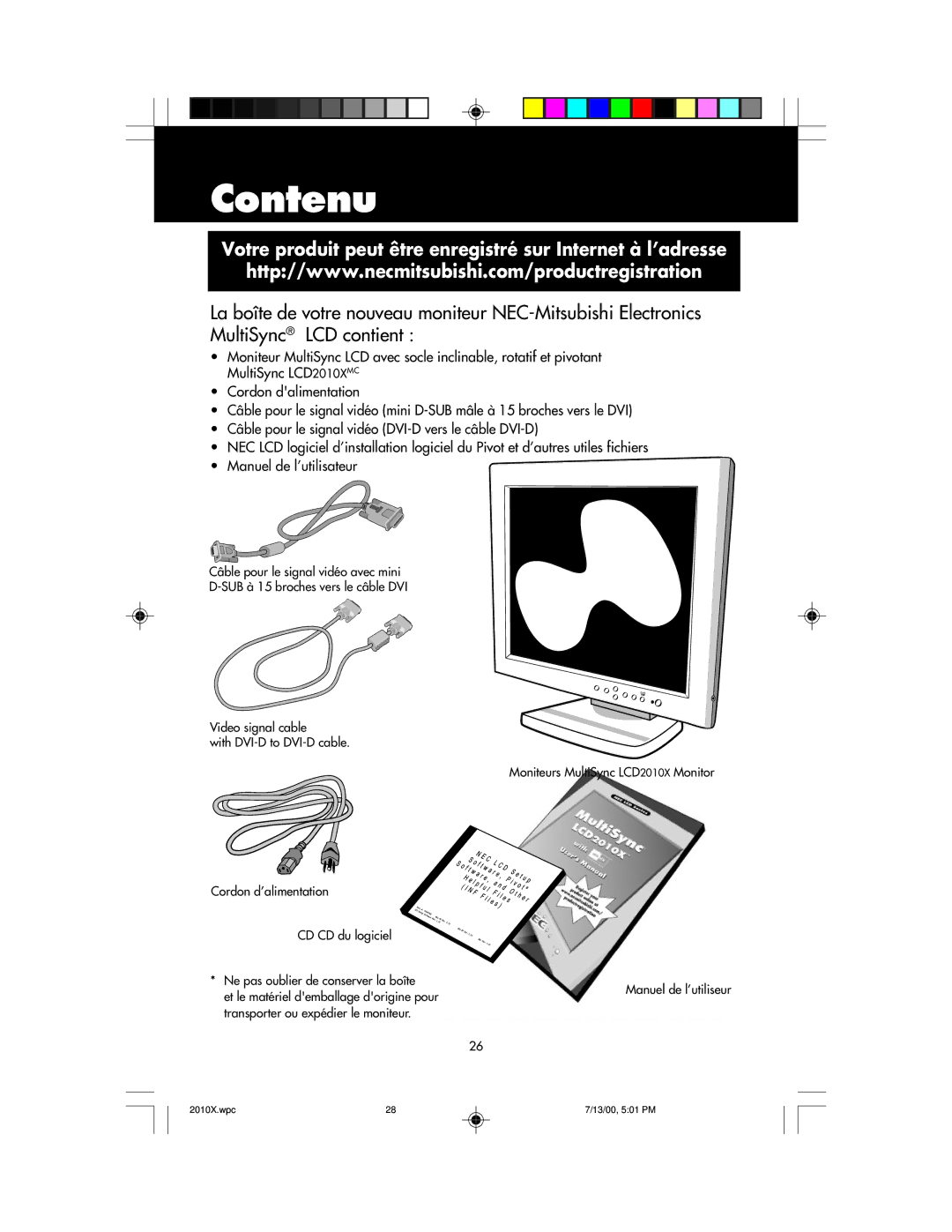 NEC LCD2010X manual Contenu, Votre produit peut être enregistré sur Internet à l’adresse 