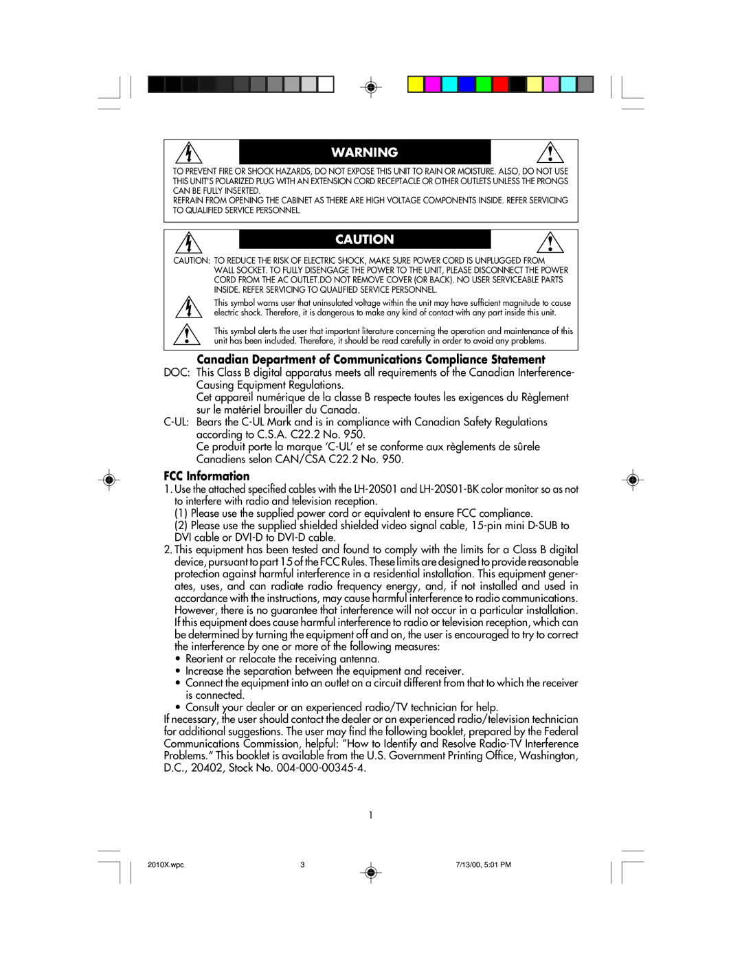 NEC LCD2010X manual Canadian Department of Communications Compliance Statement, FCC Information 