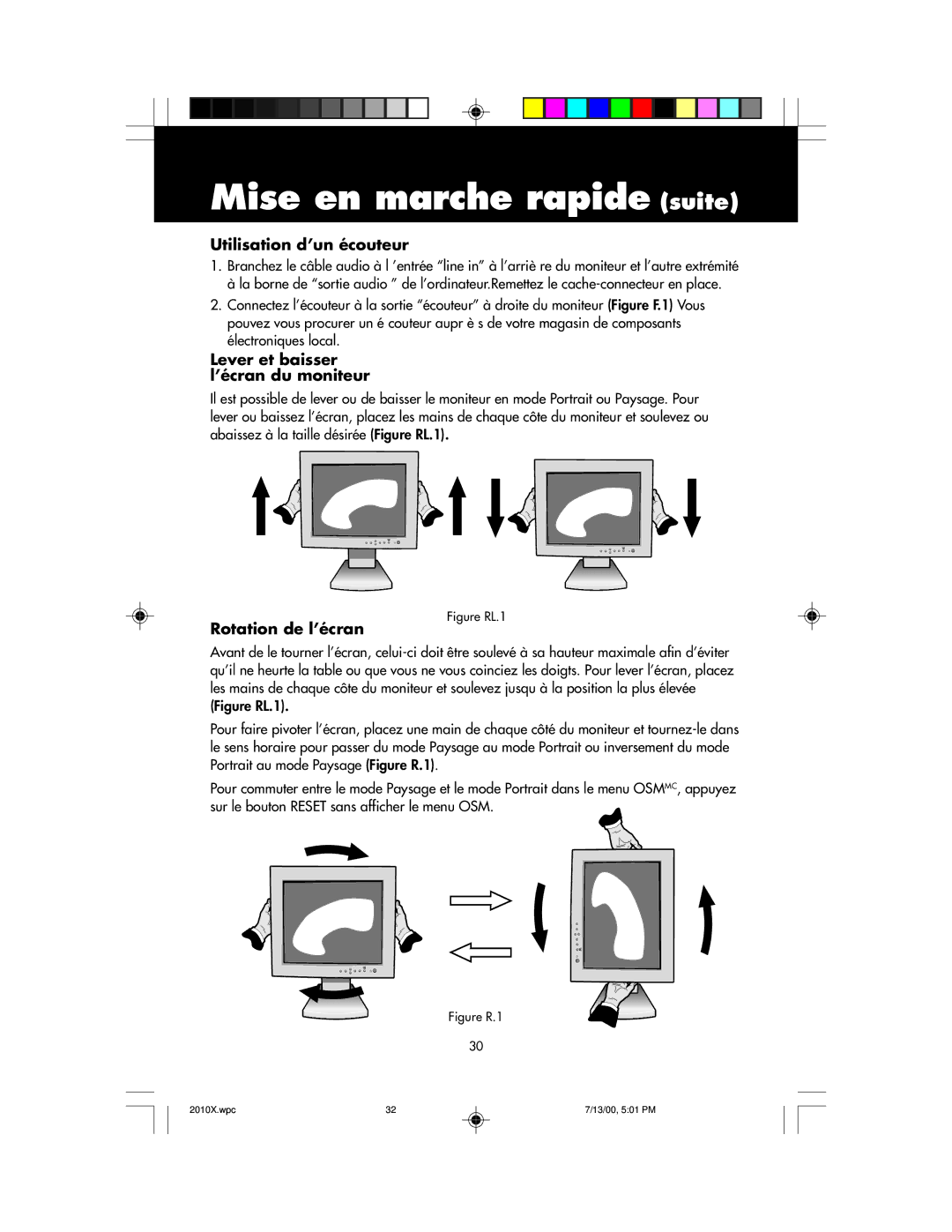 NEC LCD2010X manual Utilisation d’un écouteur, Lever et baisser l’écran du moniteur, Rotation de l’écran 