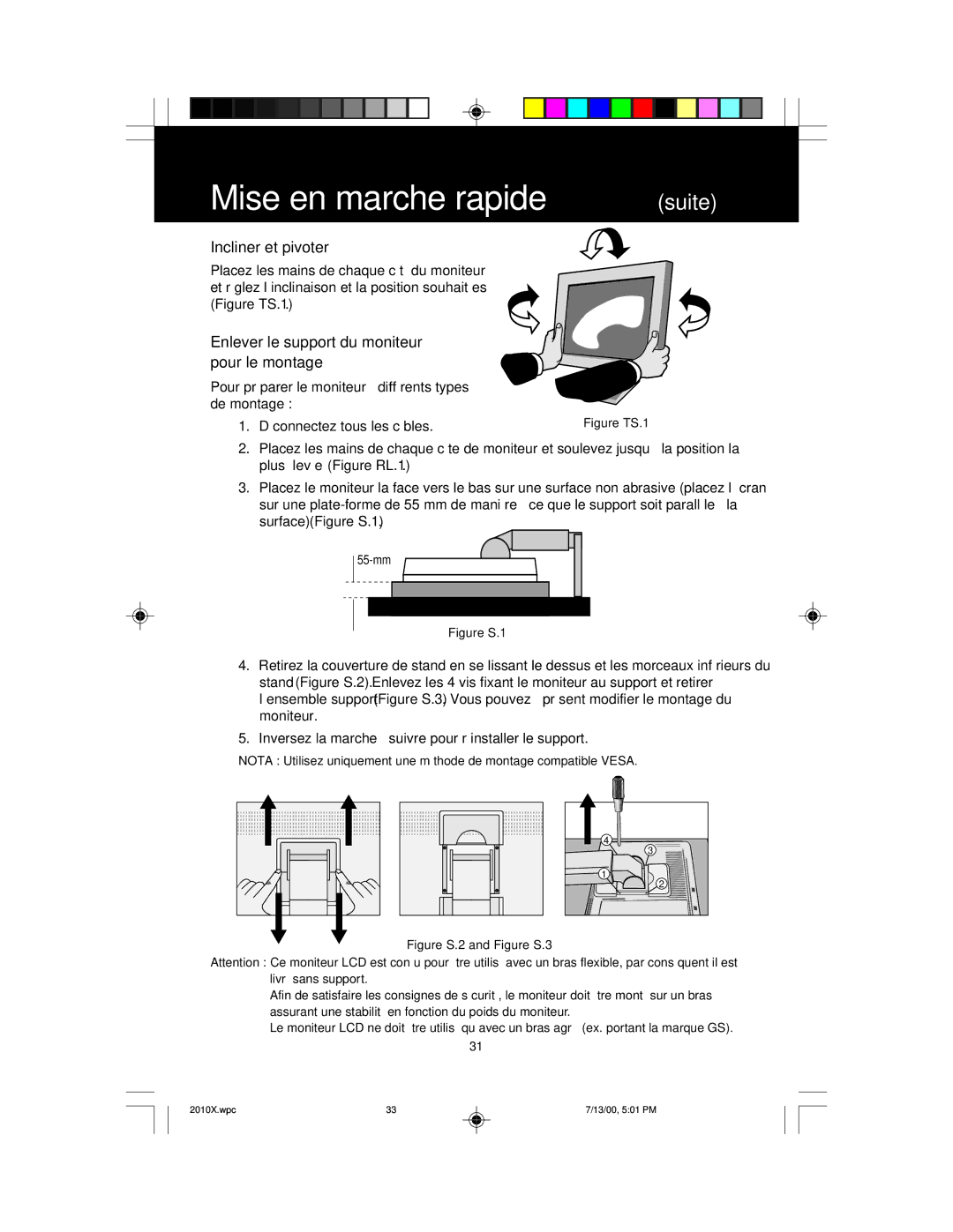 NEC LCD2010X manual Incliner et pivoter, Enlever le support du moniteur pour le montage 