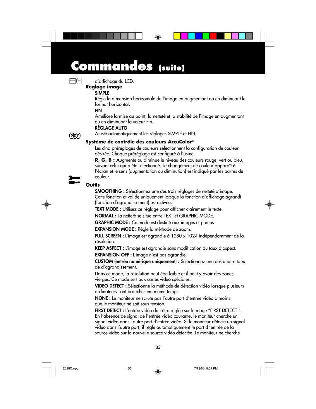 NEC LCD2010X manual Commandes suite, Réglage image, Système de contrôle des couleurs AccuColor, Outils 