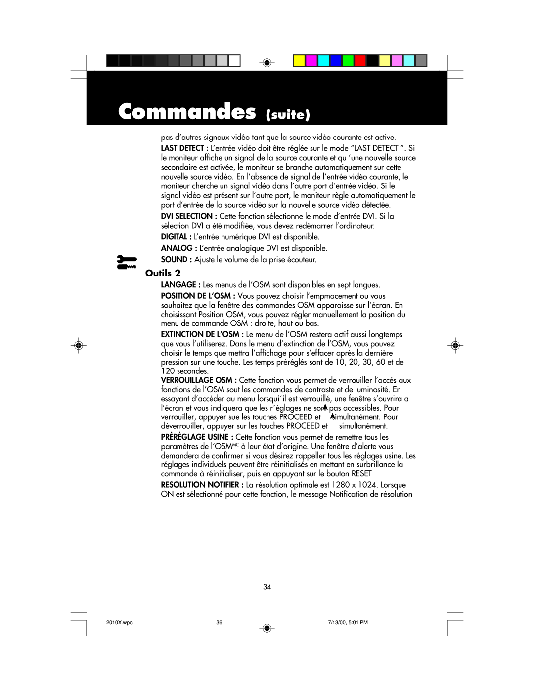 NEC LCD2010X manual Outils, Langage Les menus de l’OSM sont disponibles en sept langues, Simultanément 