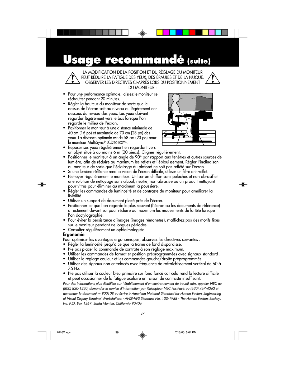 NEC LCD2010X manual Usage recommandé suite, Ergonomie 