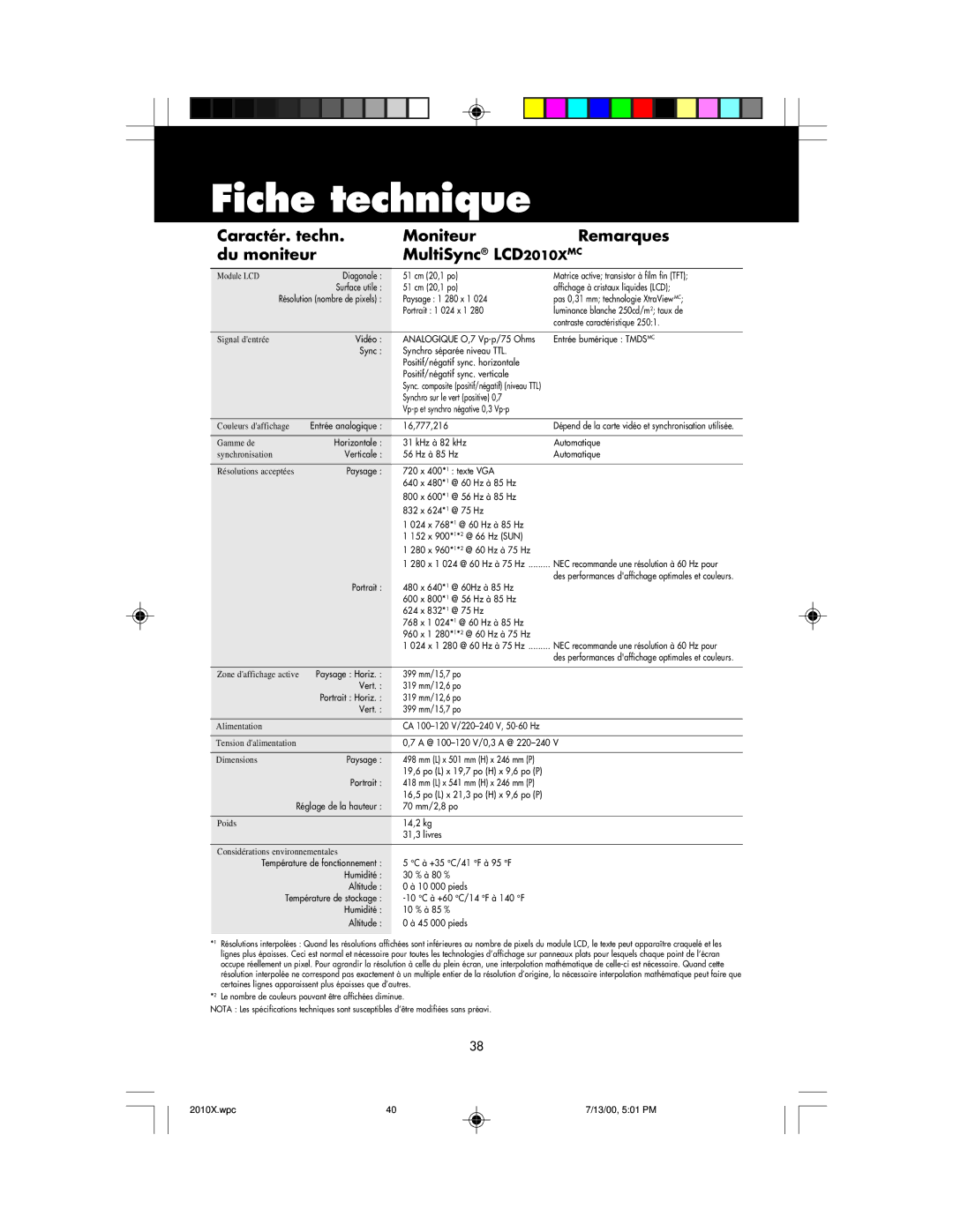 NEC LCD2010X manual Fiche technique 