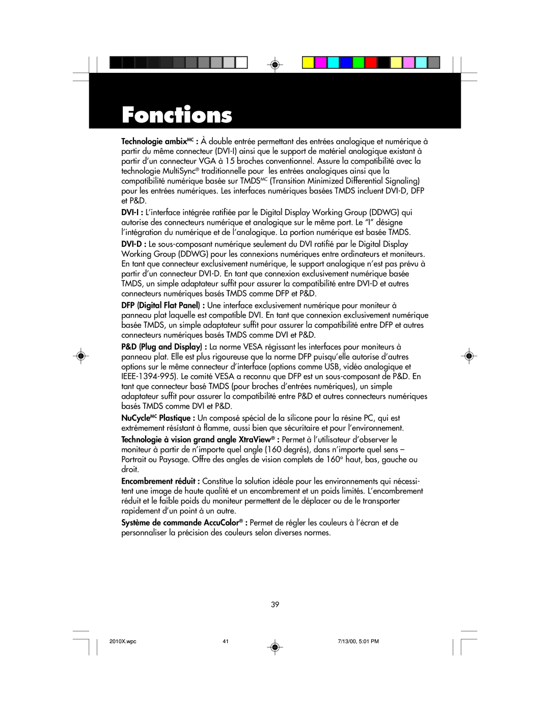 NEC LCD2010X manual Fonctions 