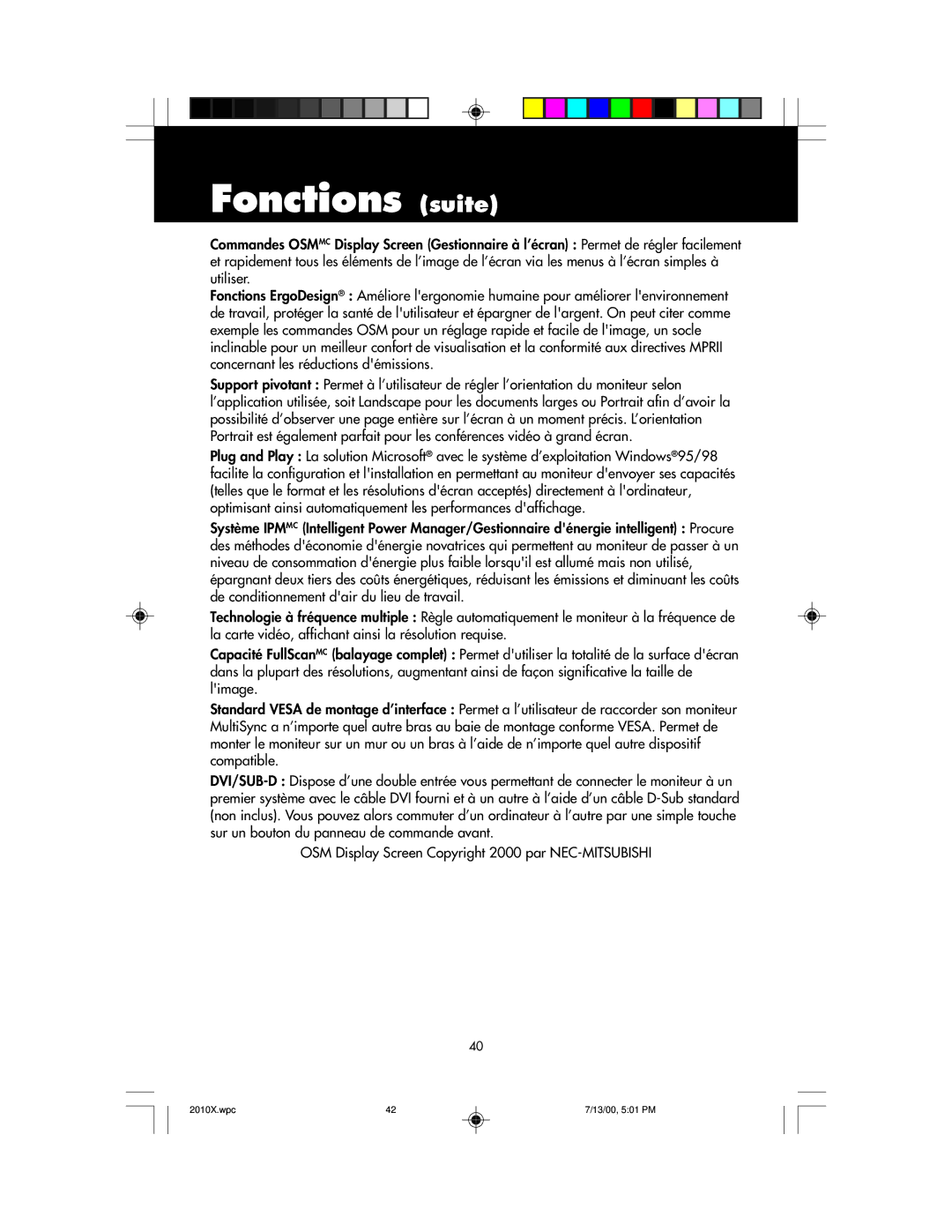 NEC LCD2010X manual Fonctions suite 