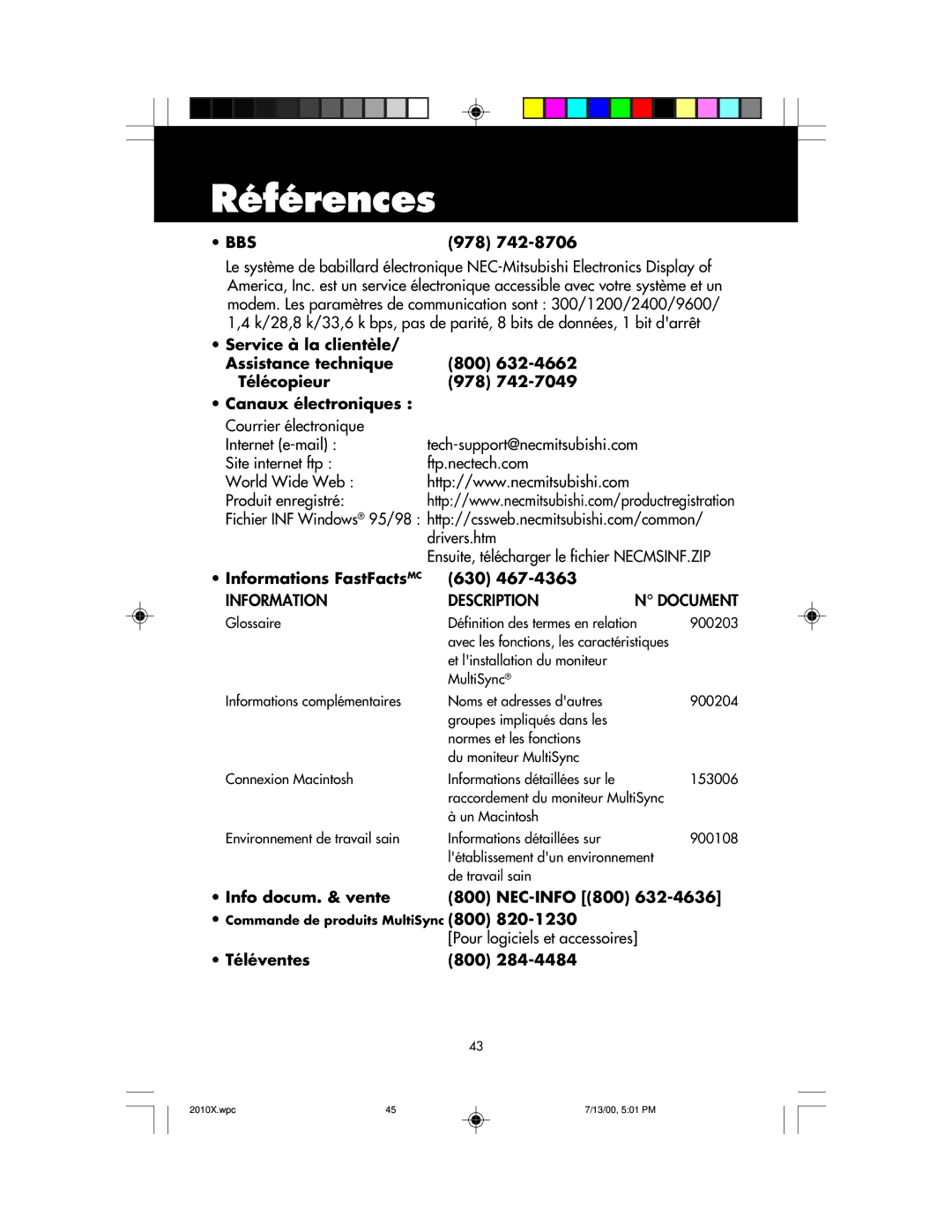 NEC LCD2010X manual Références, Informations FastFactsMC 630, Info docum. & vente NEC-INFO 800, Téléventes 800 