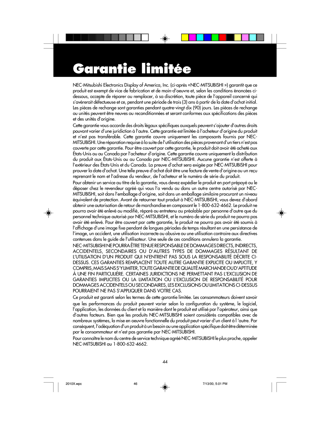 NEC LCD2010X manual Garantie limitée 