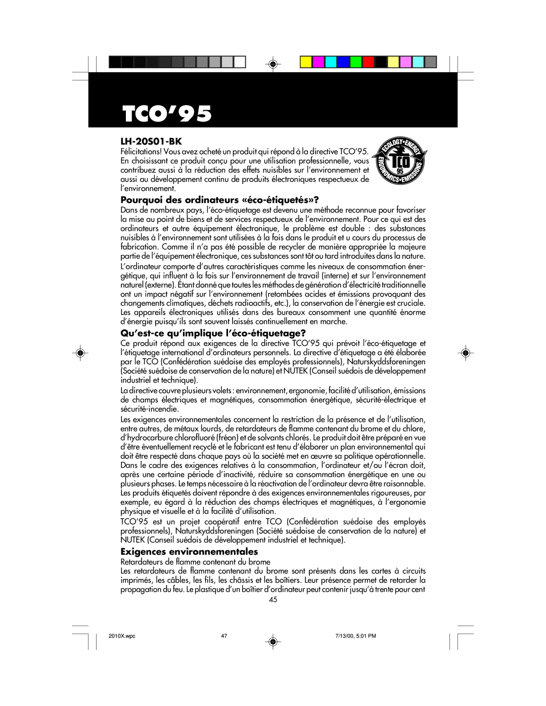 NEC LCD2010X manual TCO’95, LH-20S01-BK, Pourquoi des ordinateurs «éco-étiquetés»?, Qu’est-ce qu’implique l’éco-étiquetage? 