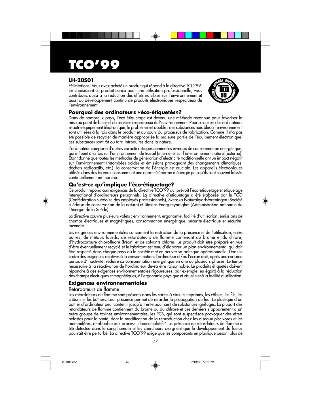 NEC LCD2010X manual TCO’99, Retardateurs de flamme 