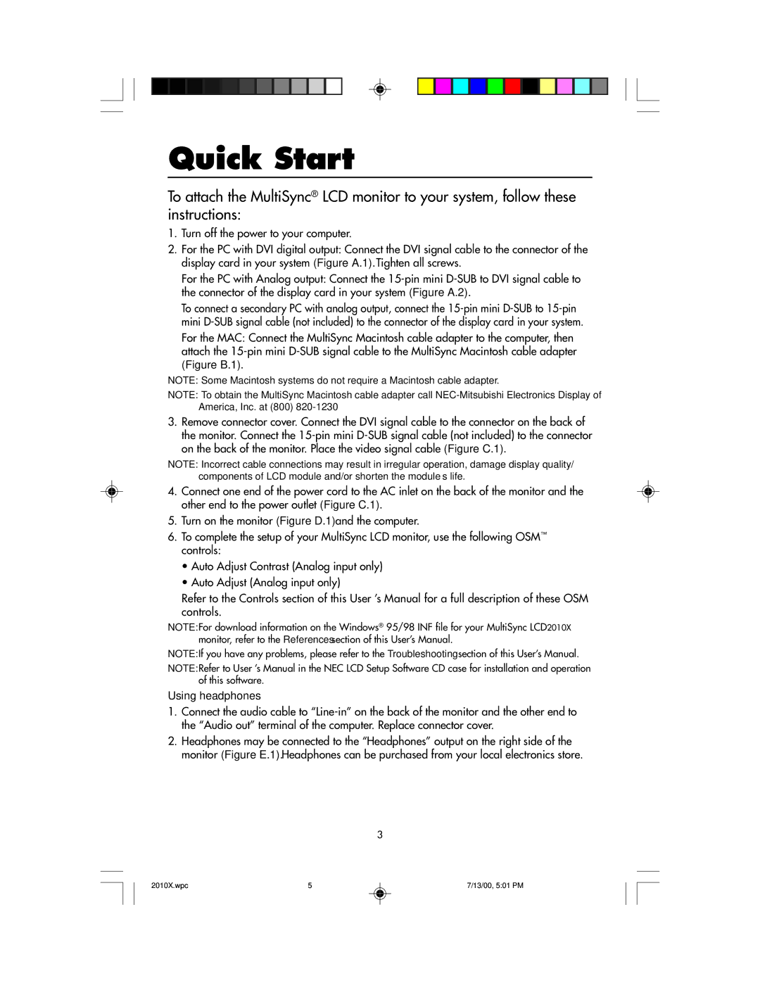 NEC LCD2010X manual Quick Start 