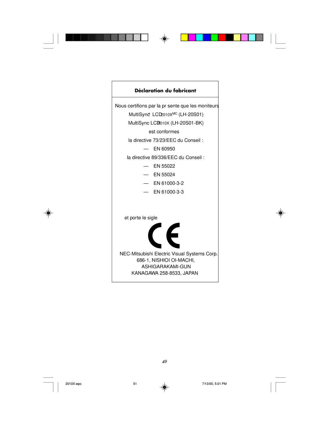 NEC LCD2010X manual Déclaration du fabricant 