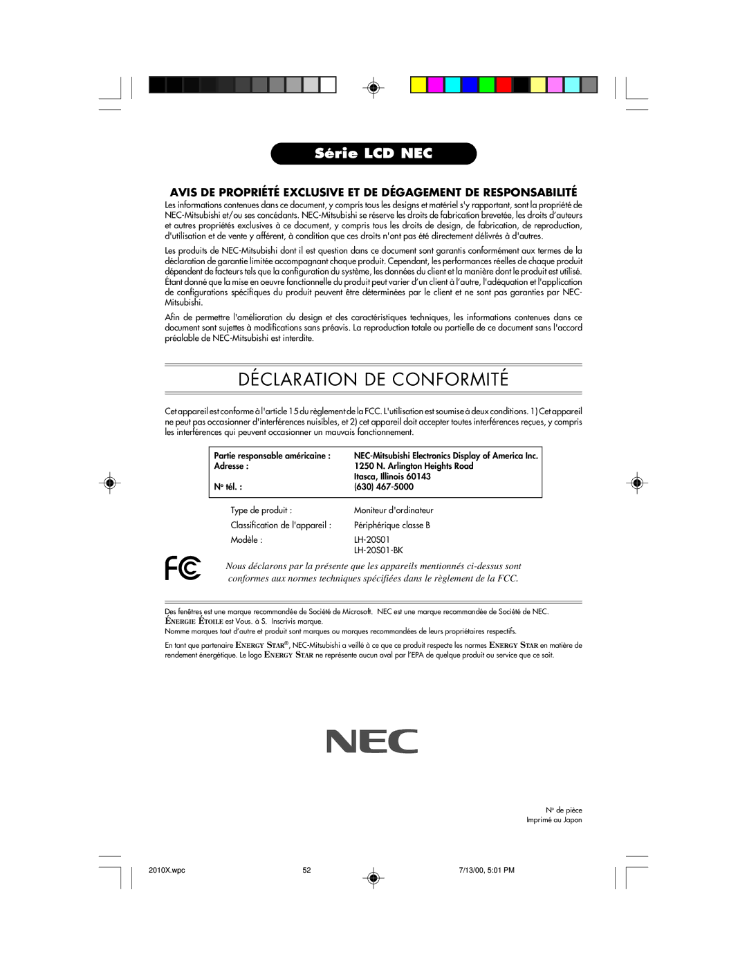 NEC LCD2010X manual Déclaration DE Conformité 