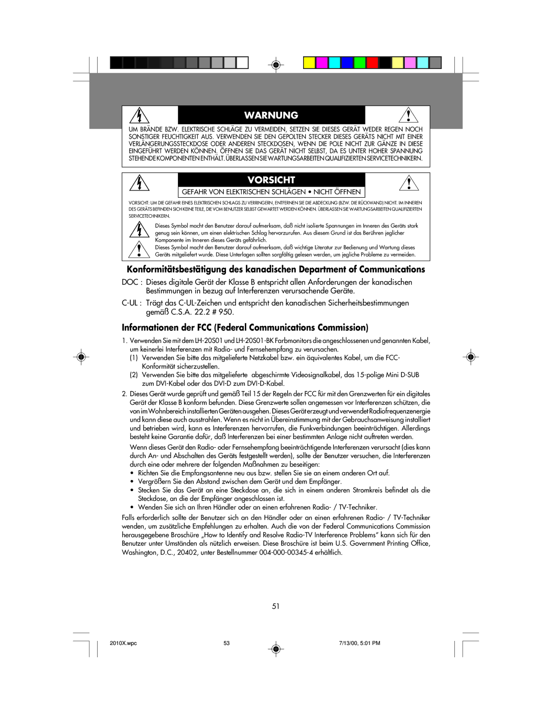 NEC LCD2010X manual Warnung, Informationen der FCC Federal Communications Commission 