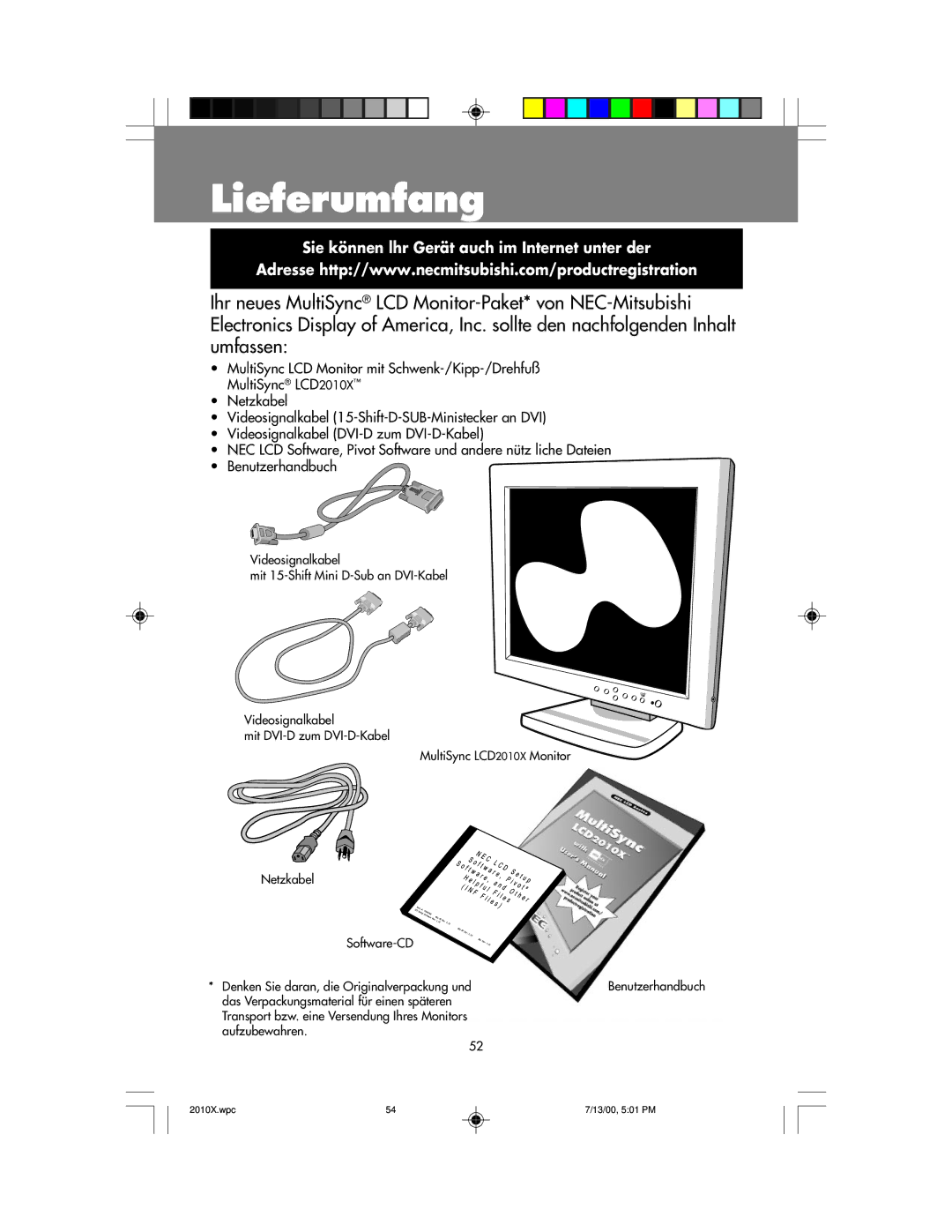 NEC LCD2010X manual Lieferumfang 