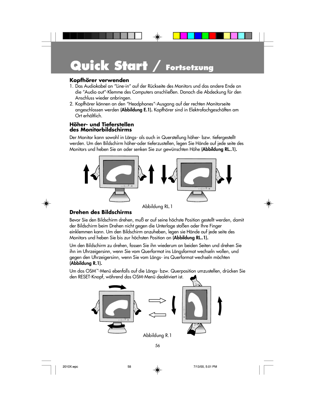 NEC LCD2010X Kopfhörer verwenden, Höher- und Tieferstellen des Monitorbildschirms, Drehen des Bildschirms, Abbildung RL.1 