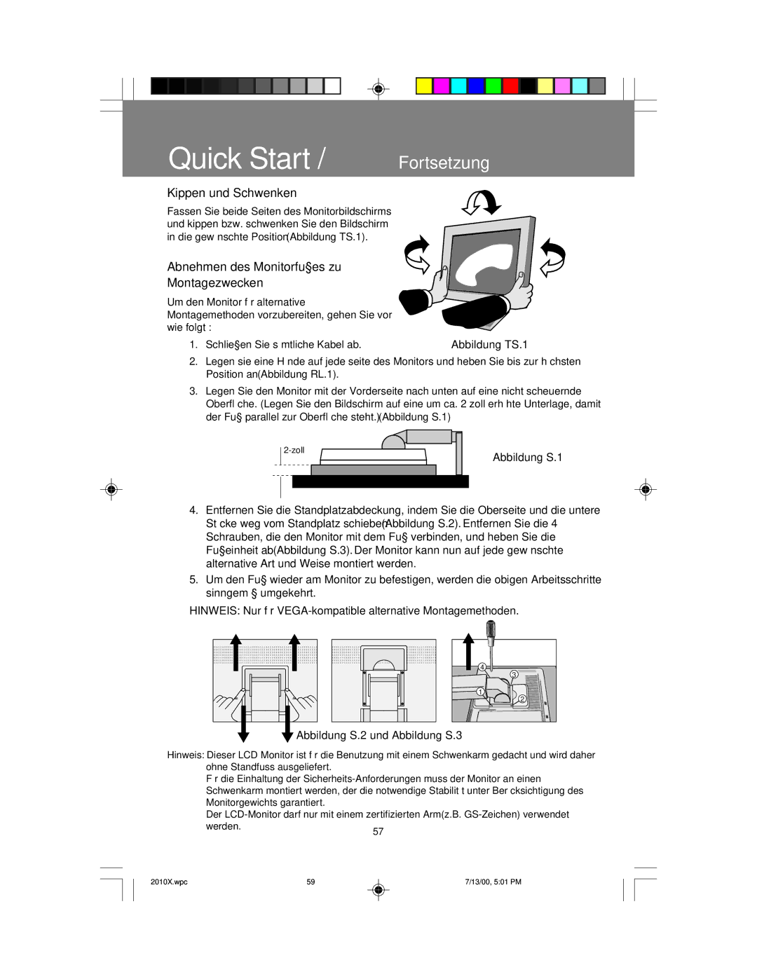 NEC LCD2010X manual Kippen und Schwenken, Abnehmen des Monitorfußes zu Montagezwecken 