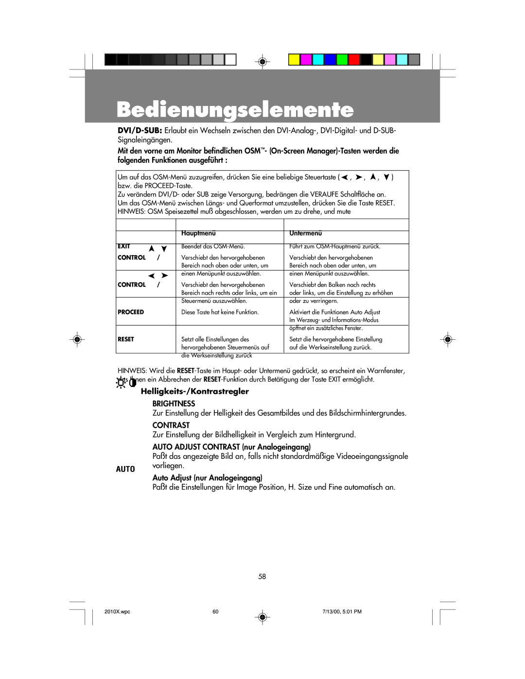 NEC LCD2010X manual Bedienungselemente, Helligkeits-/Kontrastregler 