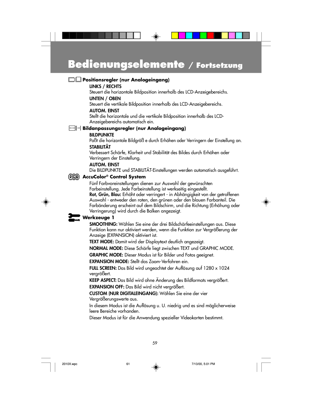 NEC LCD2010X manual Positionsregler nur Analogeingang, Bildanpassungsregler nur Analogeingang, AccuColor Control System 