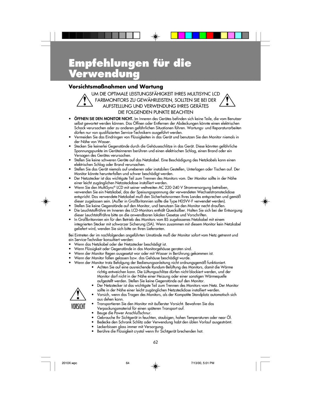 NEC LCD2010X manual Empfehlungen für die Verwendung, Vorsichtsmaßnahmen und Wartung 