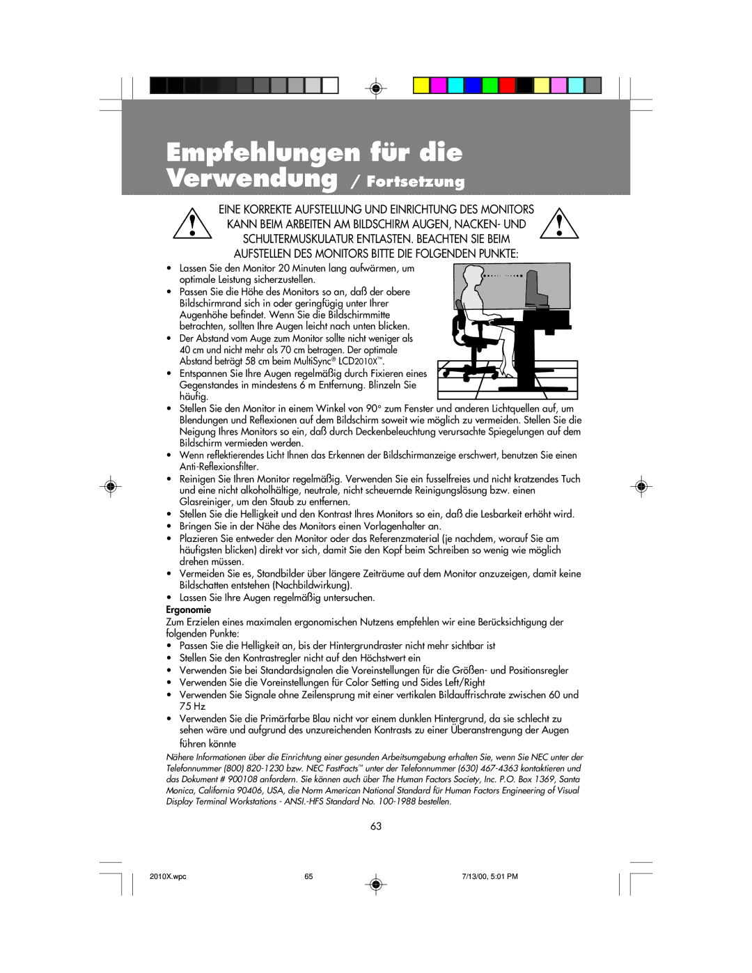 NEC LCD2010X manual Empfehlungen für die 