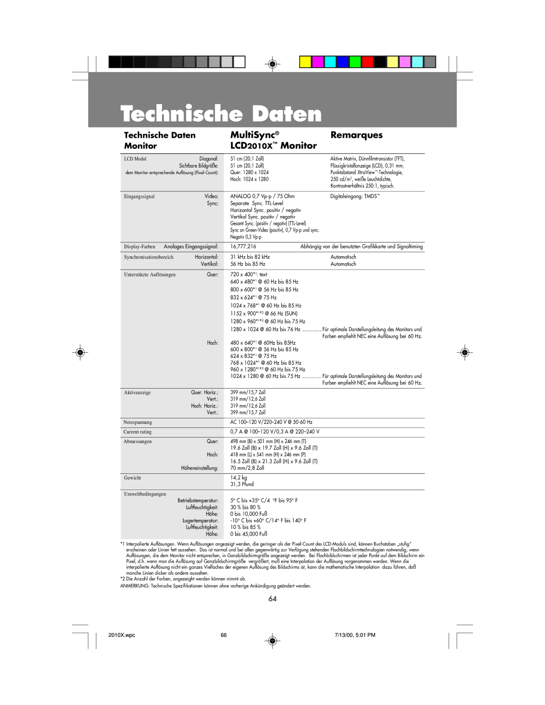 NEC manual Technische Daten, MultiSync Remarques, LCD2010X Monitor 