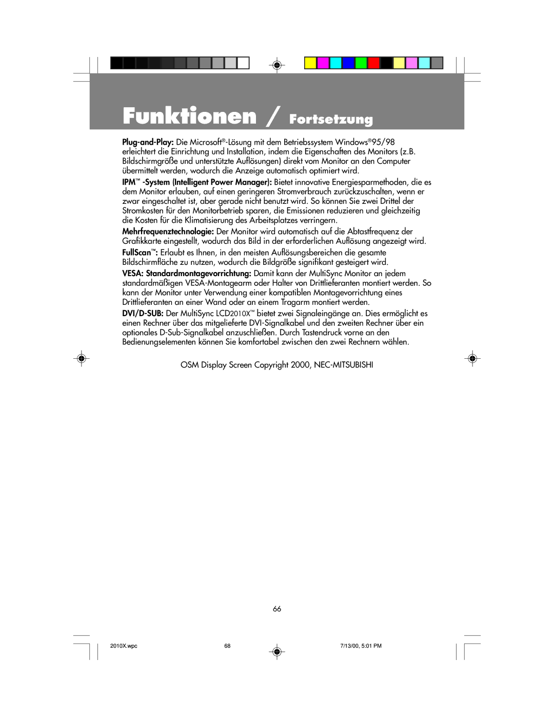 NEC LCD2010X manual Funktionen / Fortsetzung, OSM Display Screen Copyright 2000, NEC-MITSUBISHI 