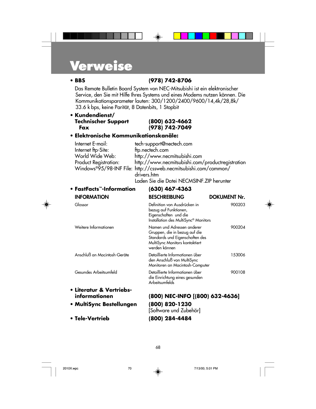 NEC LCD2010X manual Verweise, FastFacts-Information 630, Tele-Vertrieb 800, Dokument Nr 