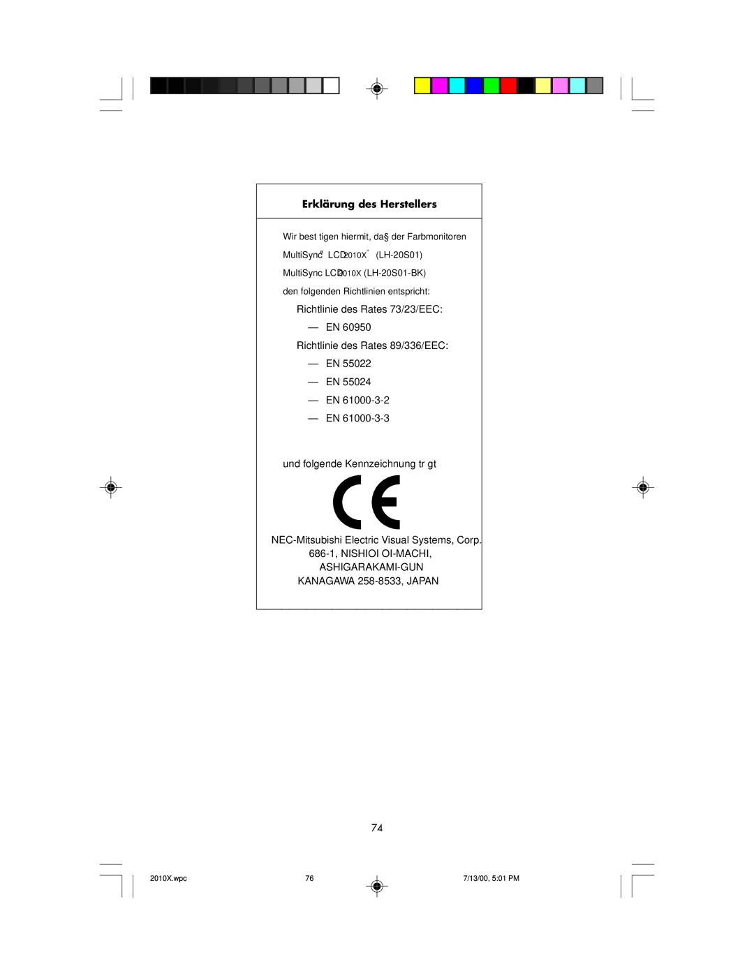 NEC LCD2010X manual Erklärung des Herstellers 