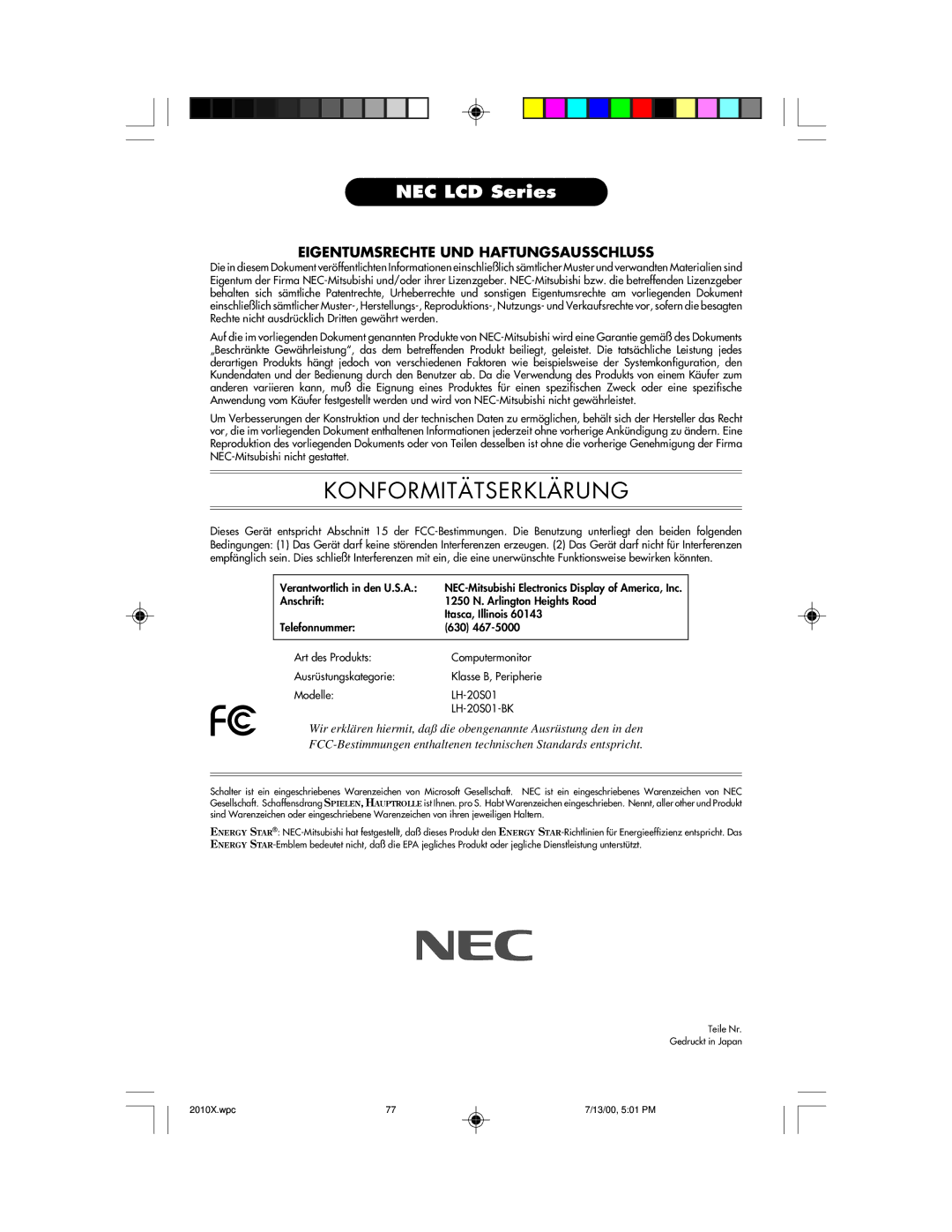 NEC LCD2010X manual Konformitätserklärung 