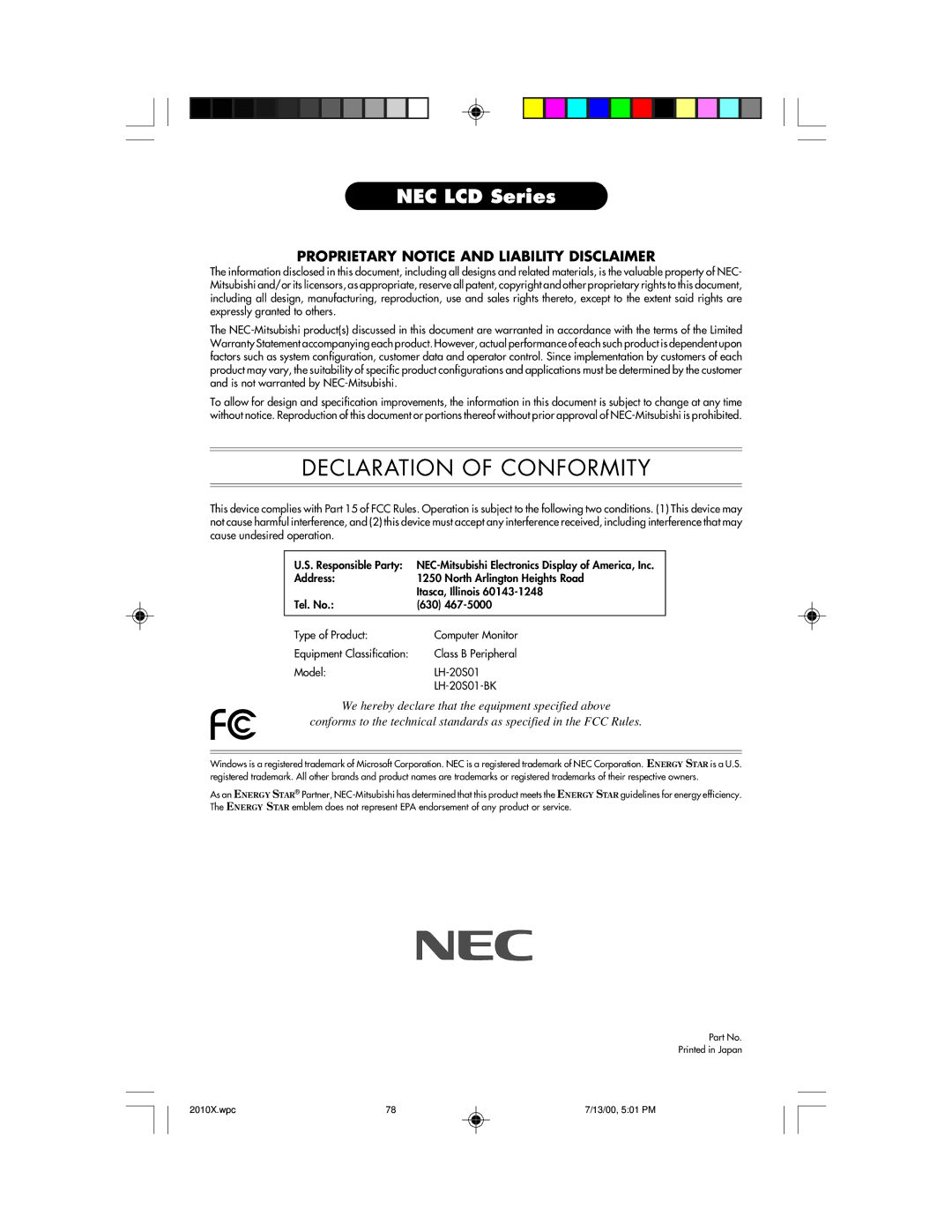 NEC LCD2010X manual Declaration of Conformity 