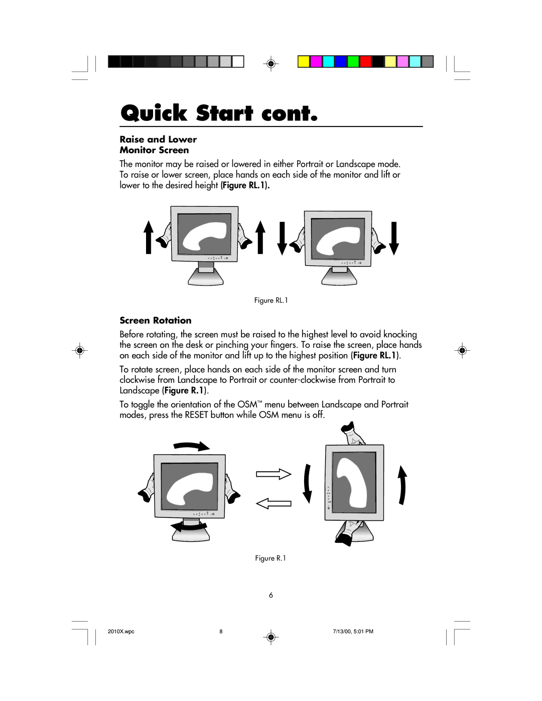 NEC LCD2010X manual Raise and Lower Monitor Screen, Screen Rotation 