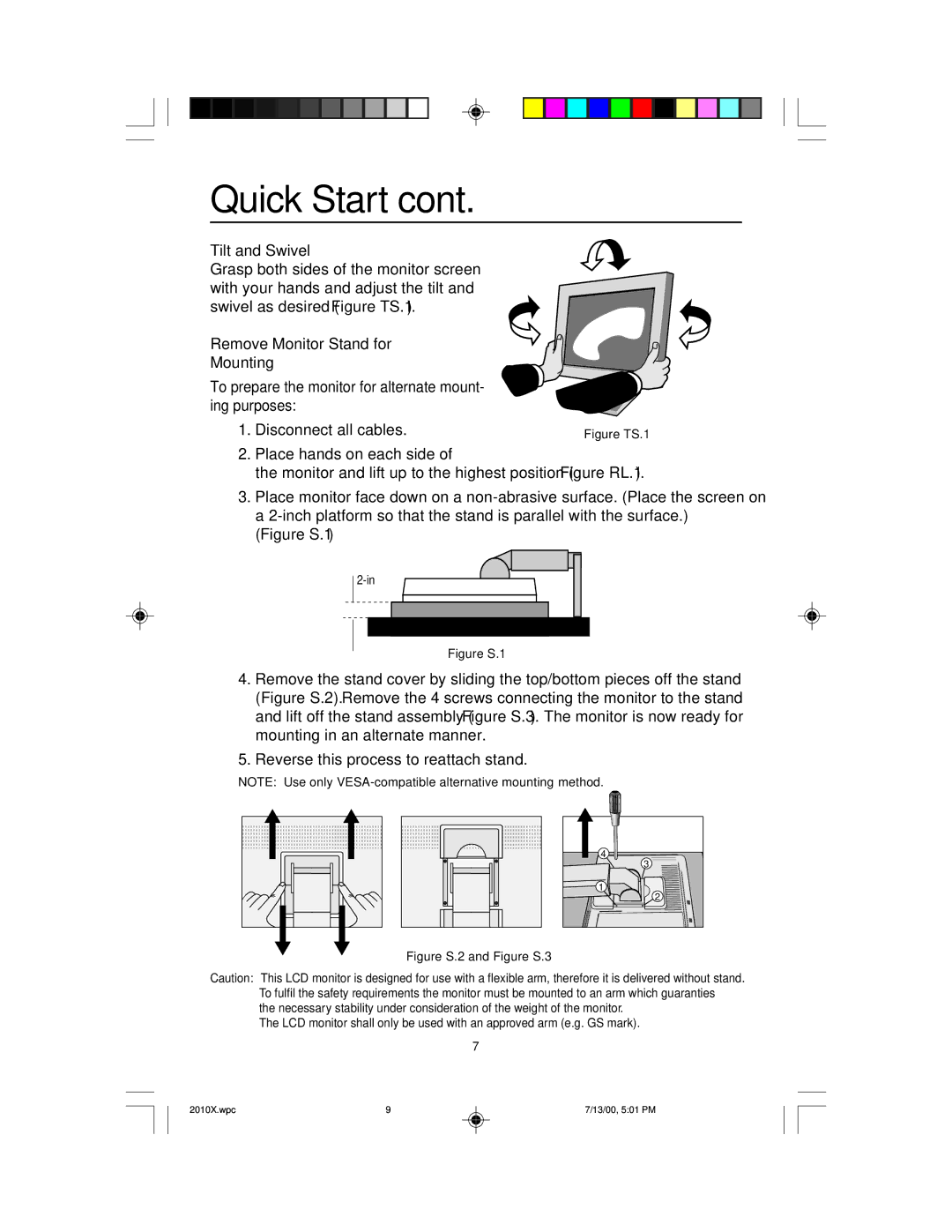 NEC LCD2010X manual Tilt and Swivel, Remove Monitor Stand for Mounting 