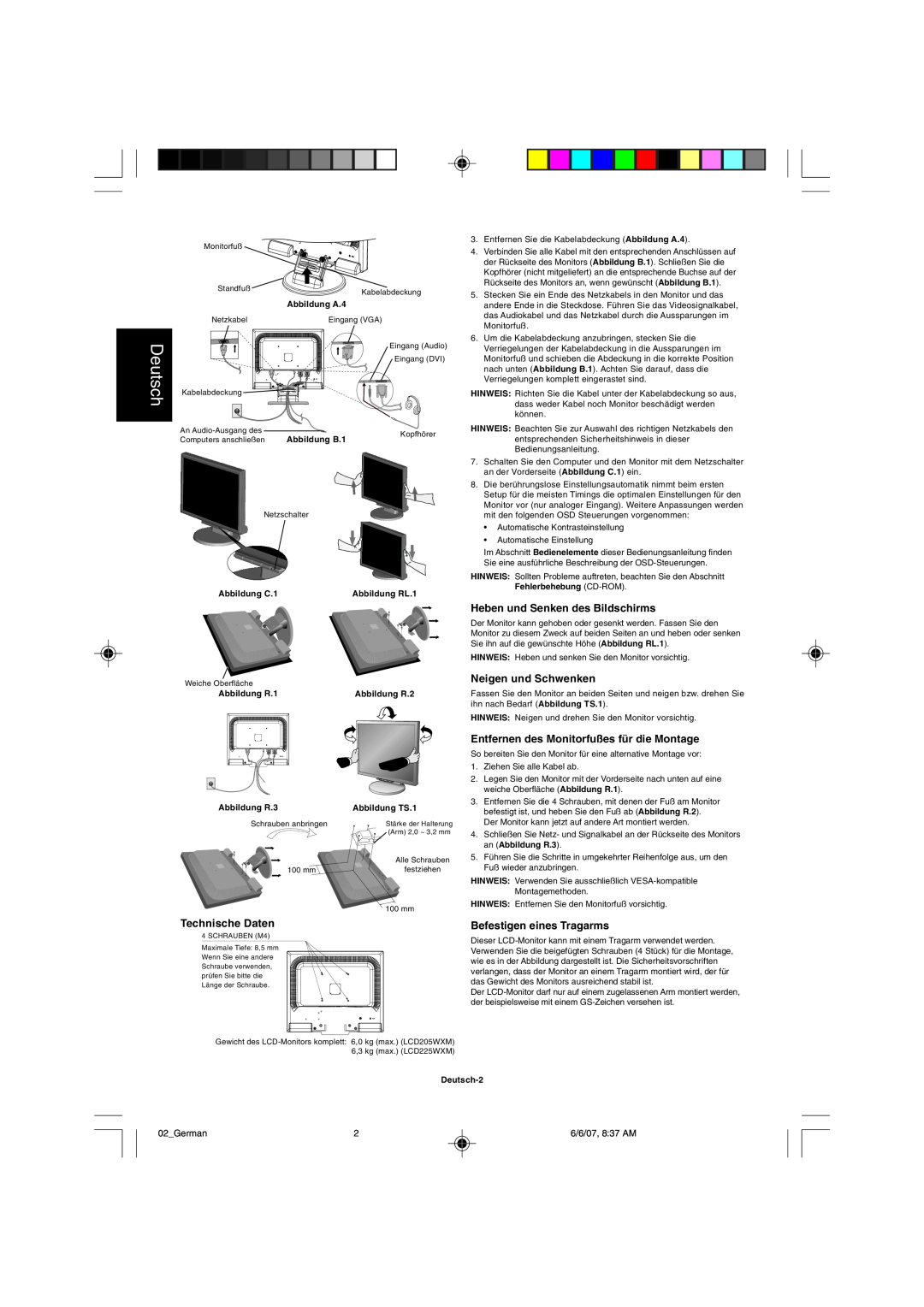 NEC LCD205WXM, LCD225WXM user manual Deutsch, Technische Daten, Heben und Senken des Bildschirms, Neigen und Schwenken 