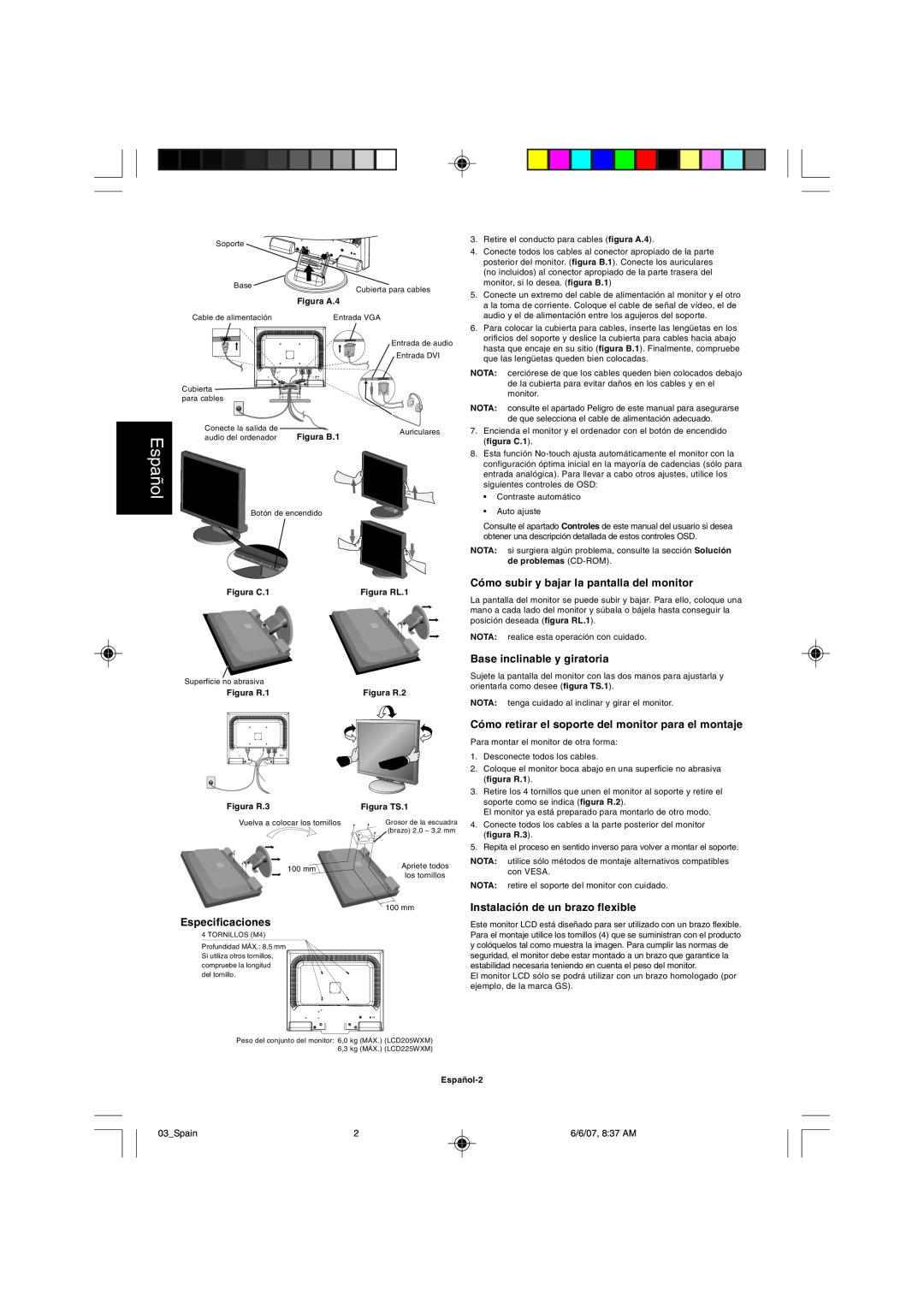 NEC LCD205WXM, LCD225WXM user manual Espa– ol, C—mosubir y bajar la pantalla del monitor, Especificaciones 