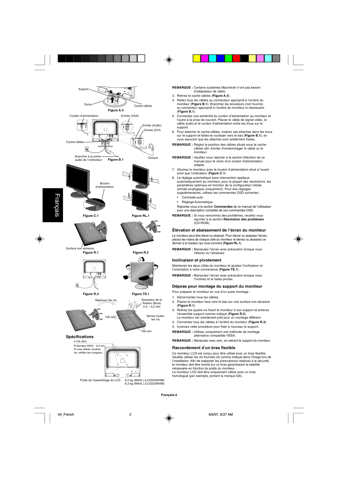 NEC LCD205WXM, LCD225WXM user manual Fran•ais, SpŽcifications, ƒlŽvation et abaissement de lÕŽcran du moniteur 