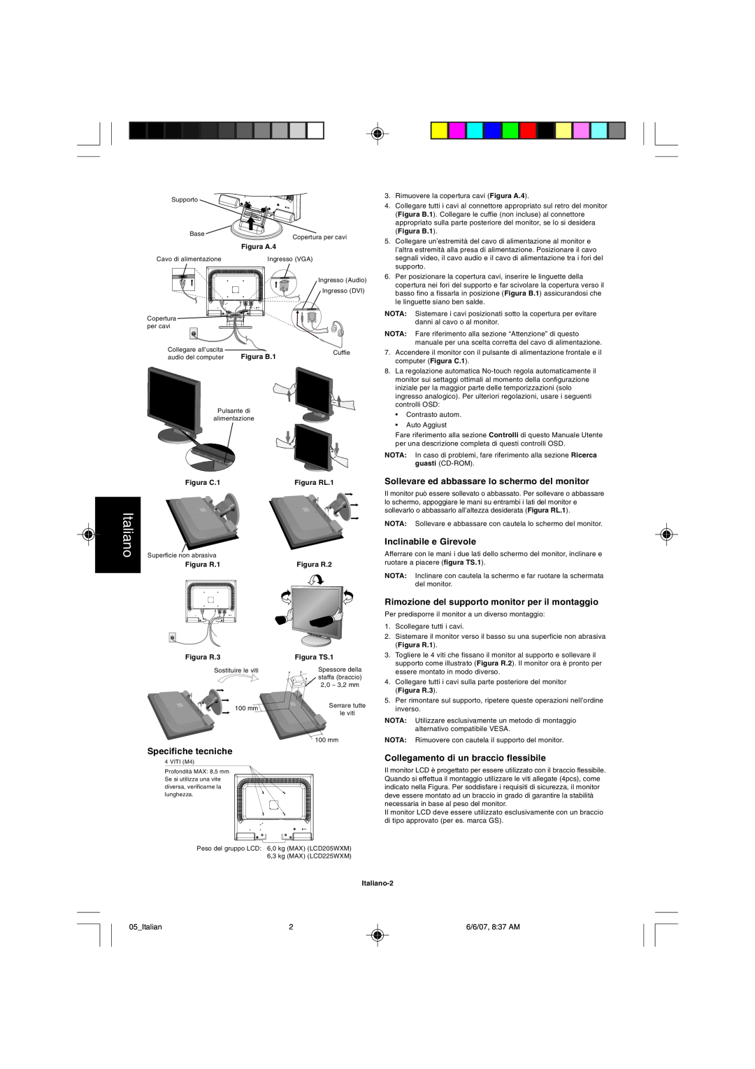 NEC LCD205WXM, LCD225WXM user manual Italiano, Specifiche tecniche, Sollevare ed abbassare lo schermo del monitor 
