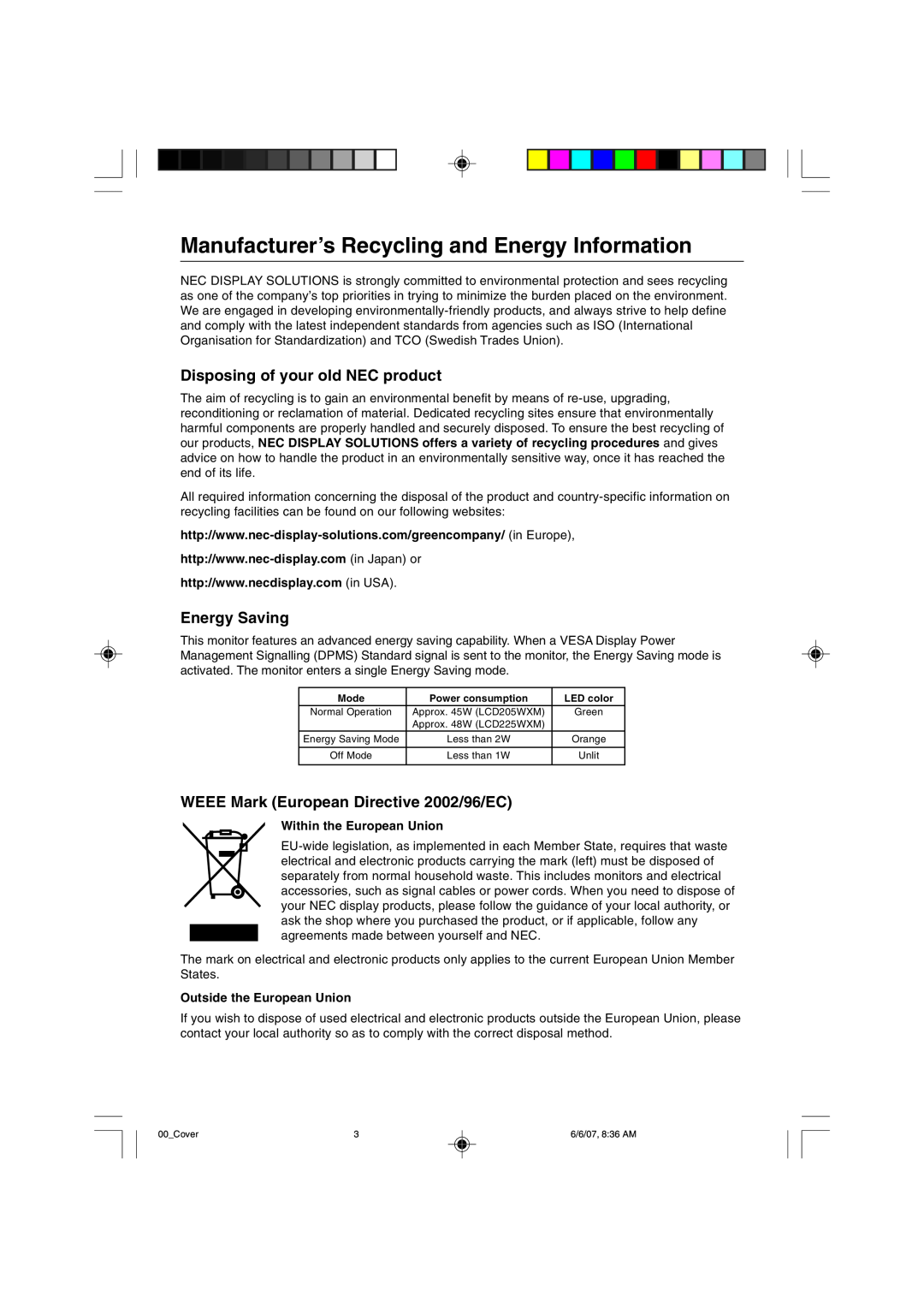 NEC LCD225WXM user manual ManufacturerÕs Recycling and Energy Information, Disposing of your old NEC product, Energy Saving 