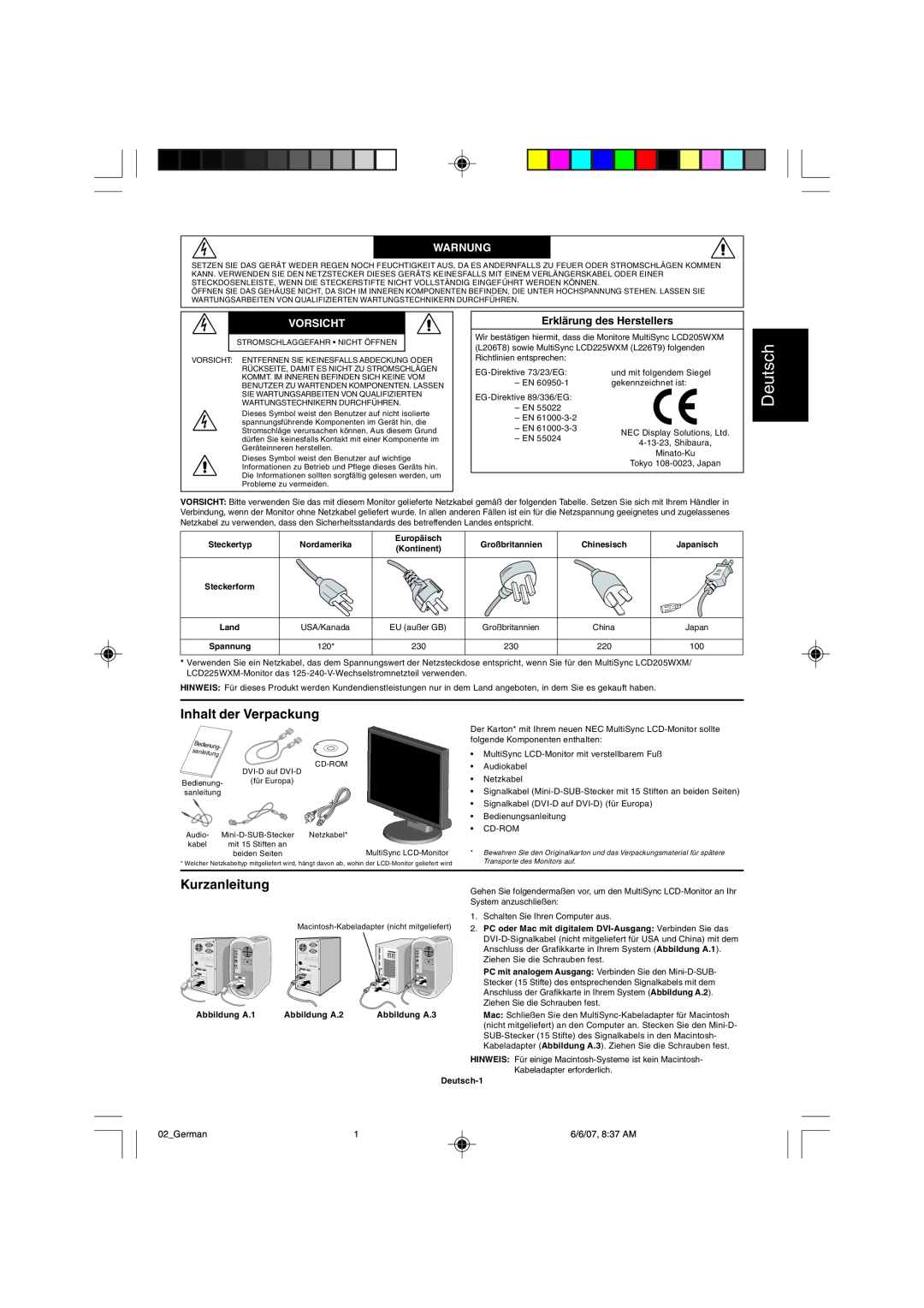 NEC LCD225WXM user manual Deutsch, Inhalt der Verpackung, Kurzanleitung, Warnung, Vorsicht, ErklŠrung des Herstellers 