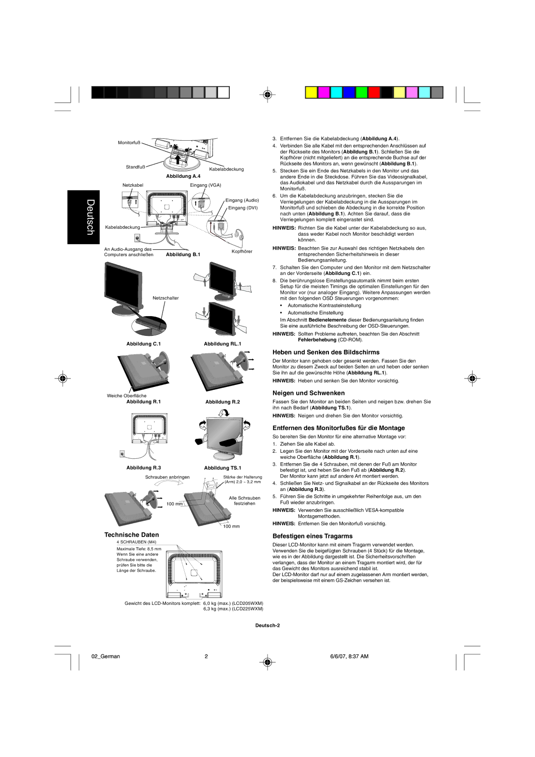 NEC LCD205WXM, LCD225WXM user manual Technische Daten, Heben und Senken des Bildschirms, Neigen und Schwenken 