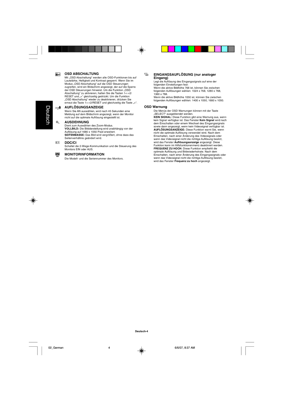 NEC LCD205WXM, LCD225WXM user manual OSD Abschaltung, Aufl…Sungsanzeige, Ausdehnung, Monitorinformation 