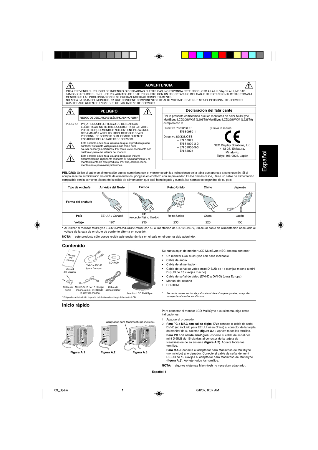 NEC LCD205WXM, LCD225WXM user manual Espa-ol, Contenido, Inicio r‡pido, Declaraci-n del fabricante 