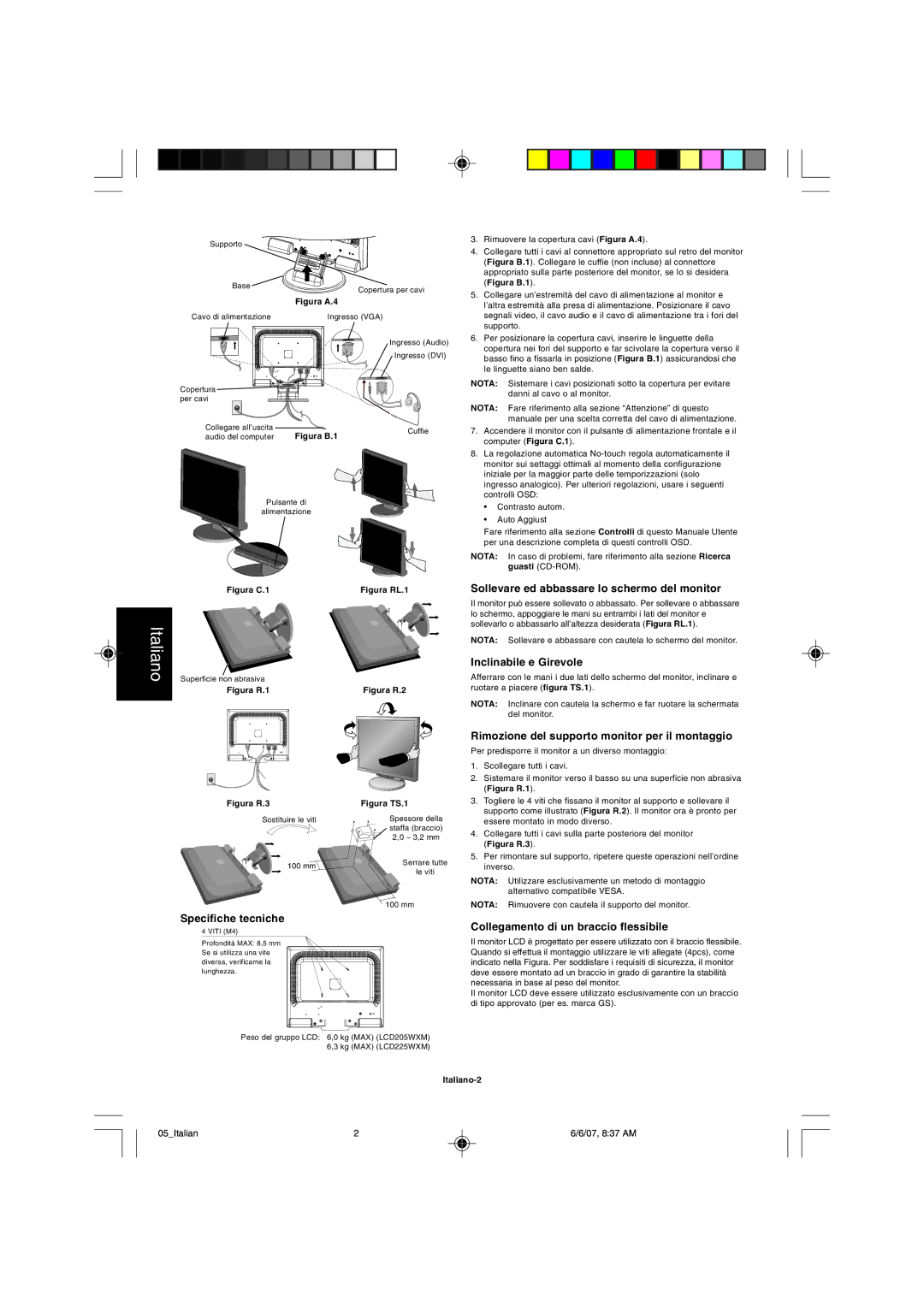 NEC LCD205WXM, LCD225WXM Specifiche tecniche, Sollevare ed abbassare lo schermo del monitor, Inclinabile e Girevole 