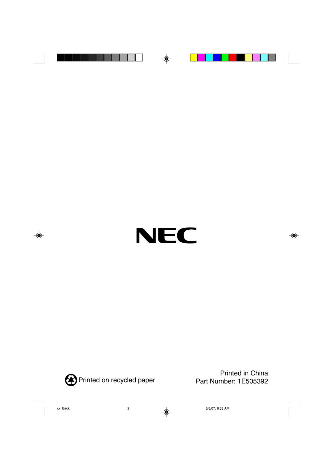 NEC LCD205WXM, LCD225WXM user manual Printed on recycled paper Part Number 1E505392 